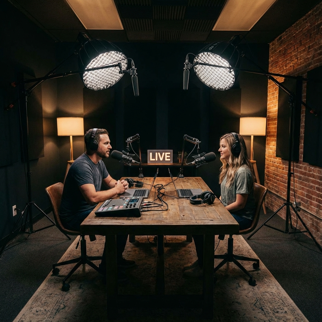 Two creators recording together in a podcast studio
